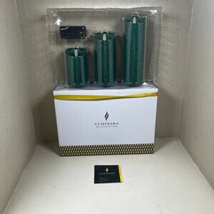 Luminara Flameless Moving Wick Pillar Candles w/remote - set of 3 -green glitter